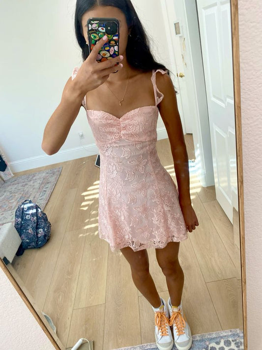 Niedliche A-Linien Spaghettiträger Rosa Spitze Tanz Kurz Minikleid Homecoming Inspiration Hoco-Kleid Idee MP1396