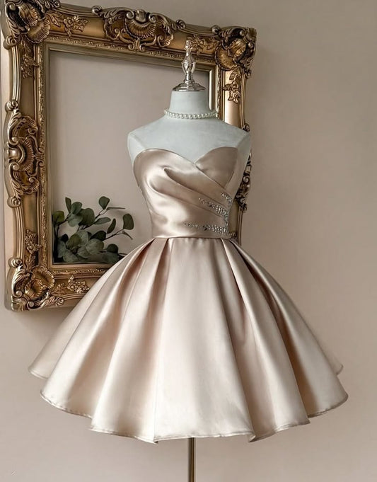 Champagnerfarbenes Neckholder-Minikleid aus Satin | Elegantes Prinzessinnen-Kleid für Abschlussball und Verlobungsparty Hoco Kleid MP310