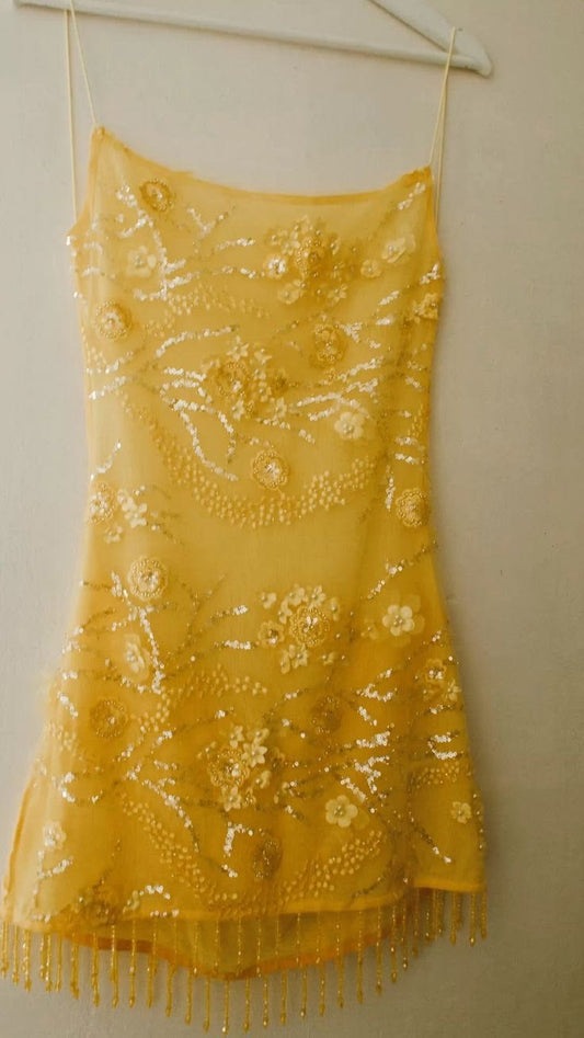 Belle robe de bal MP410 avec paillettes jaunes, bretelles spaghetti, inspiration pour le retour à la maison, tenues de soirée élégantes et mignonnes