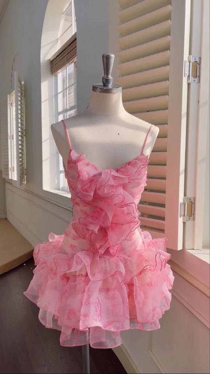 Hübsche Cocktailkleider Spaghettiträger Etui Pink Blumen Kurz Mini Geburtstag Homecoming Party Kleid MP564