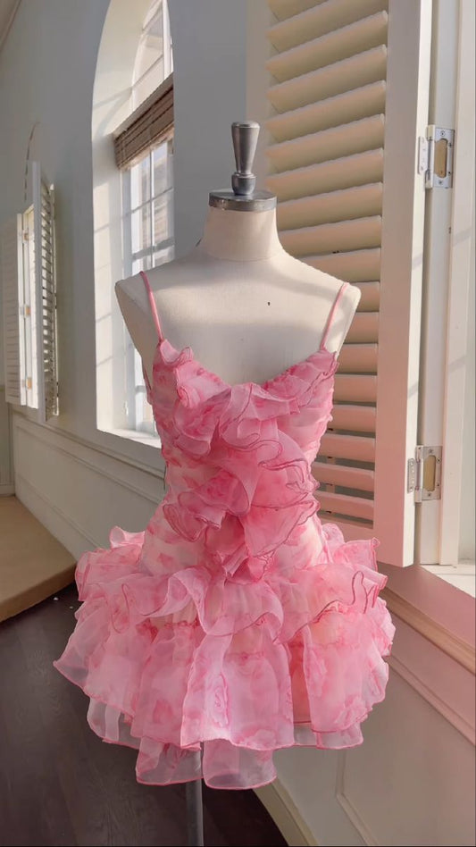 Hübsche Cocktailkleider Spaghettiträger Etui Pink Blumen Kurz Mini Geburtstag Homecoming Party Kleid MP564