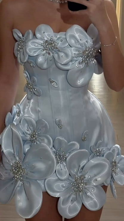 Prinzessin Satin Etui mit 3D-Blumen Abschlussball Kurz Homecoming Kleid Outfits zum 15. Geburtstag MP834