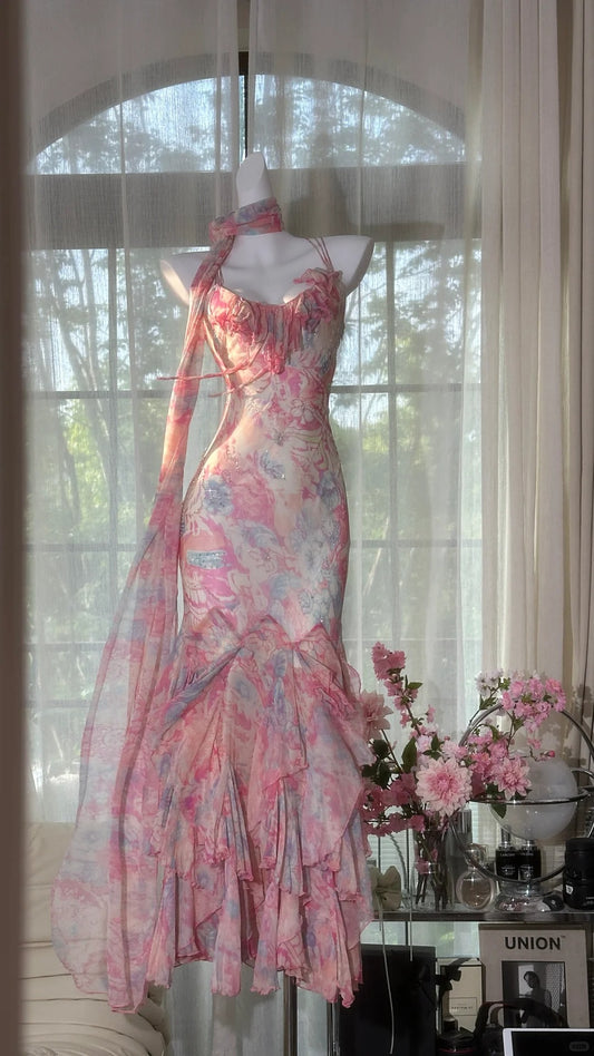 Classy Mermaid Spaghetti Strap Pink Floral With Scarf Chiffon Sleeveless Floor Length Prom Dresses MP973