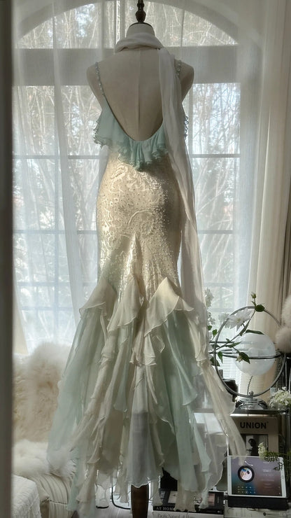 Robe de soirée longue sirène modeste en mousseline de soie vert menthe à bretelles spaghetti et perles MP1038