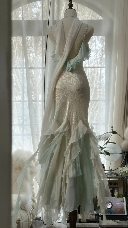Robe de soirée longue sirène modeste en mousseline de soie vert menthe à bretelles spaghetti et perles MP1038