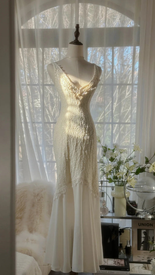 Simple Mermaid V Neck White Chiffon With Lace Formal Gown Long Evening Night Prom Dresses MP1025