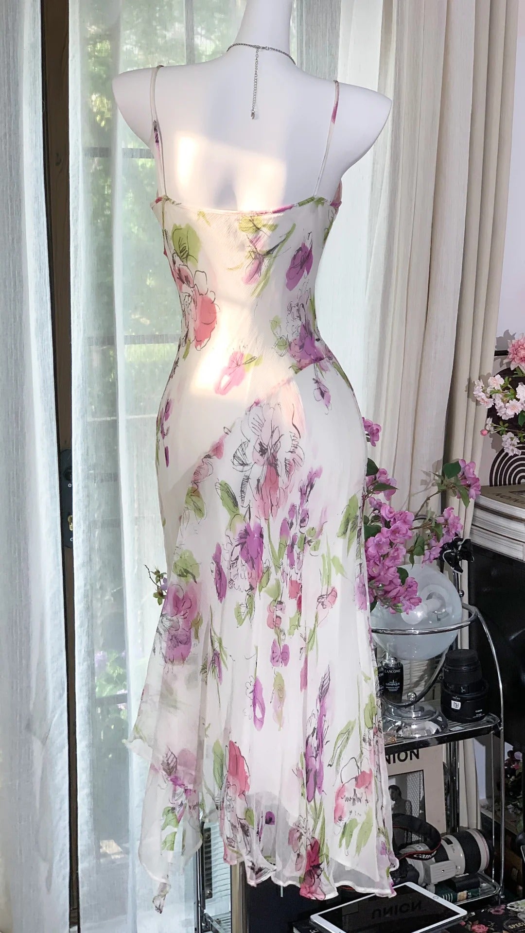 Classy Mermaid Spaghetti Strap Chiffon Floral Mid Length Bodycon Sleeveless Prom Dresses MP969