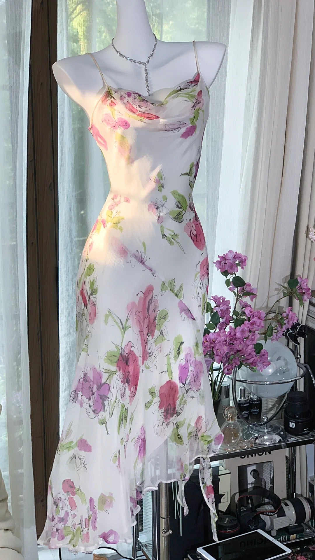Classy Mermaid Spaghetti Strap Chiffon Floral Mid Length Bodycon Sleeveless Prom Dresses MP969