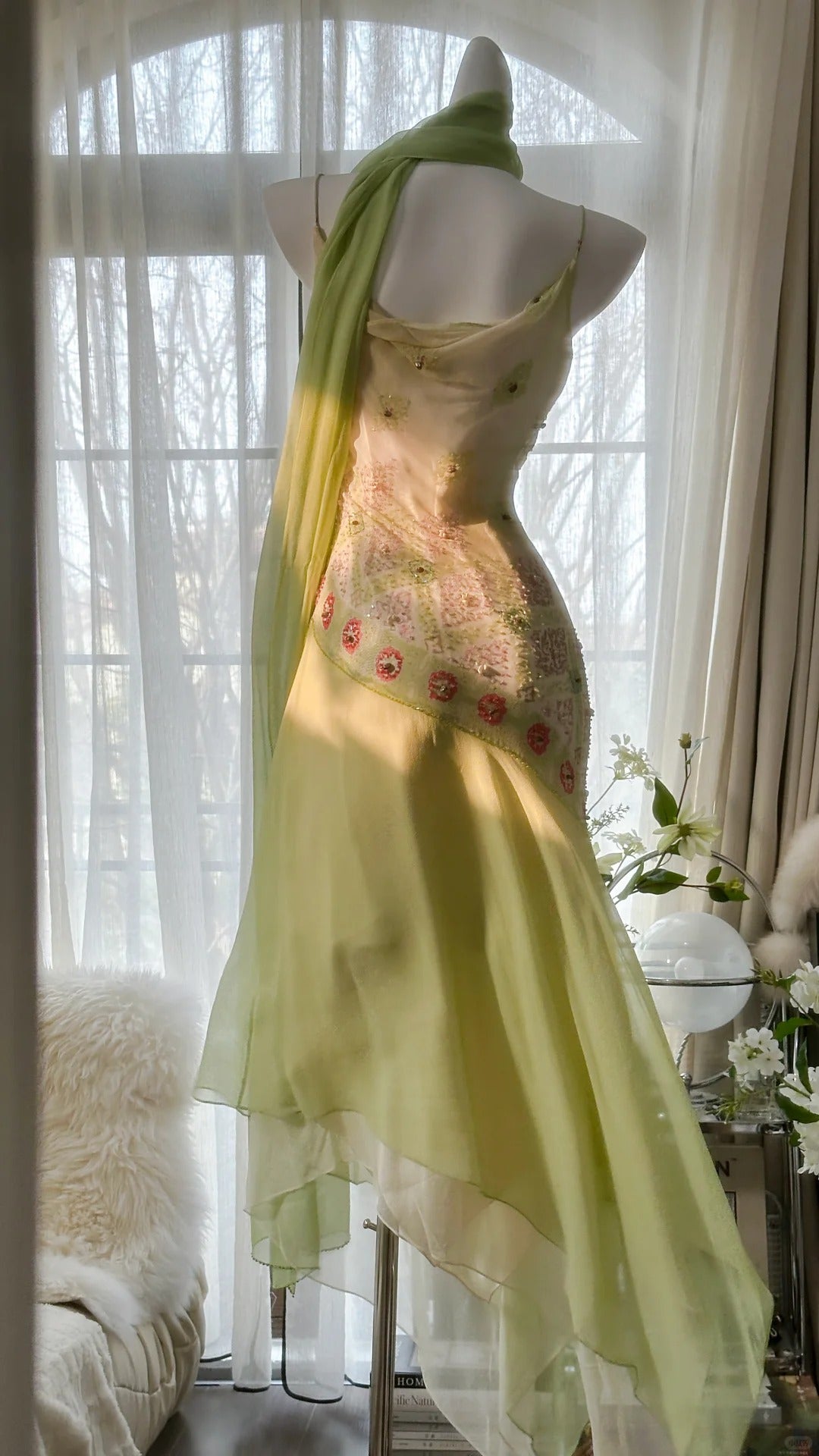 Modest Mermaid Spaghetti Strap Sage Green Chiffon With Beading Formal Gown Tea Length Evening Night Prom Dresses MP1043