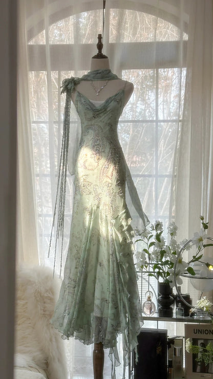 Sparkly Mermaid Spaghetti Strap Mint Green Chiffon With Beading Formal Gown Long Evening Night Prom Dresses MP1034