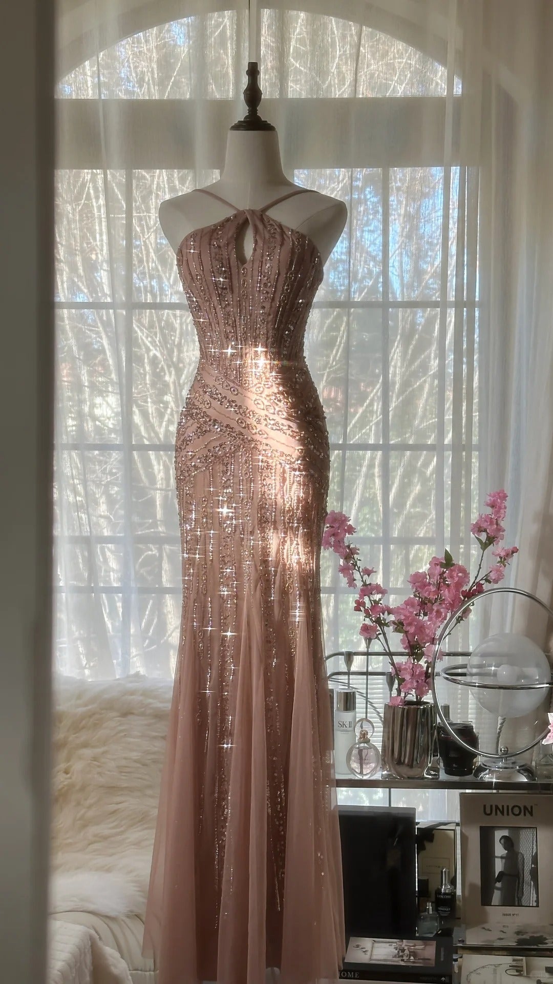 Sparkle Mermaid Halter Tulle Blush Pink With Beaded Formal Gown Long Evening Night Prom Dresses MP1022