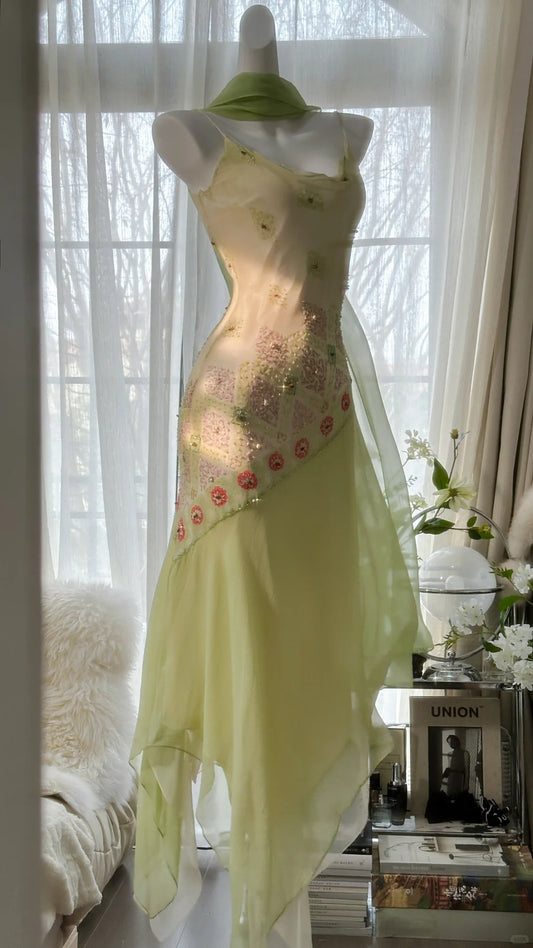 Modest Mermaid Spaghetti Strap Sage Green Chiffon With Beading Formal Gown Tea Length Evening Night Prom Dresses MP1043