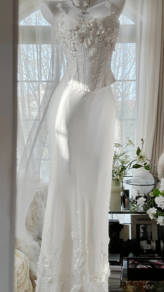 Modest Mermaid Spaghetti Strap White Floral Chiffon Long Evening Night Gown Sleeveless Prom Dresses MP1002
