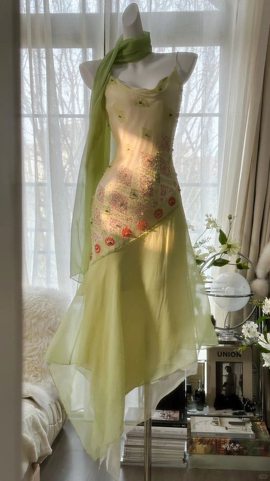 Modest Mermaid Spaghetti Strap Sage Green Chiffon With Beading Formal Gown Tea Length Evening Night Prom Dresses MP1043