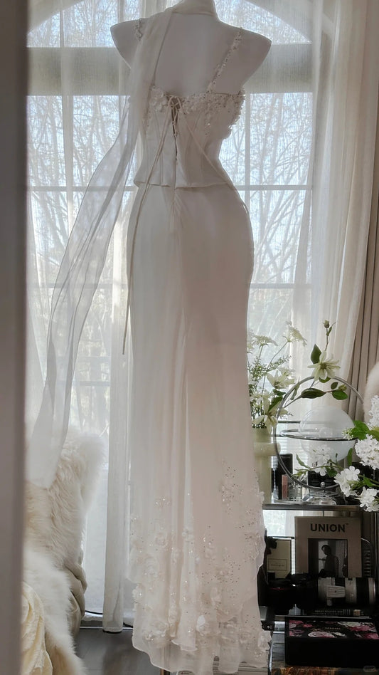 Modest Mermaid Spaghetti Strap White Floral Chiffon Long Evening Night Gown Sleeveless Prom Dresses MP1002