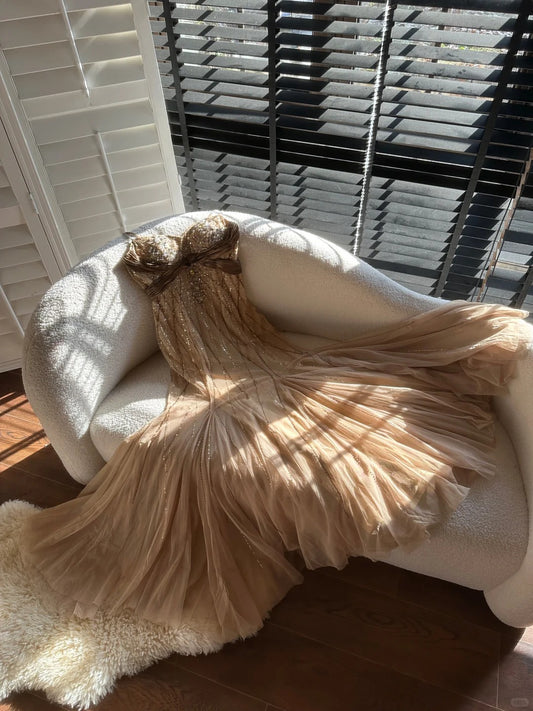 Stylish Mermaid Spaghetti Strap Champagne Tulle Sleeveless Formal Outfits Long Prom Dresses M5P1108