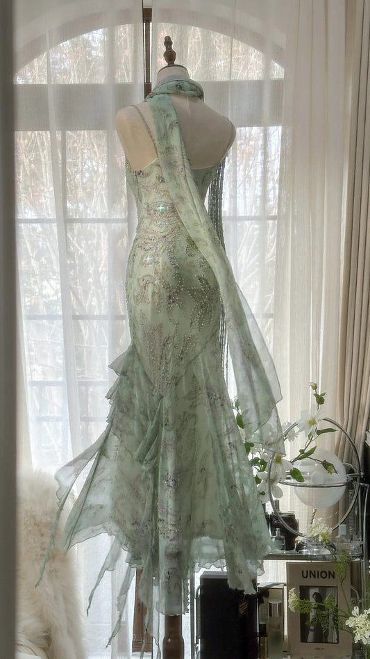 Sparkly Mermaid Spaghetti Strap Mint Green Chiffon With Beading Formal Gown Long Evening Night Prom Dresses MP1034
