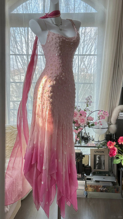 Robe de soirée asymétrique sans manches en mousseline de soie rose à fines bretelles, style sirène féerique, pour bal de promo MP984