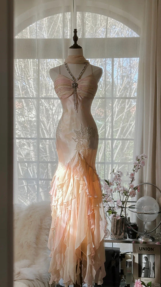 Modest Mermaid Spaghetti Strap Blush Pink Chiffon With Beading Formal Gown Floor Length Evening Night Prom Dresses MP1040