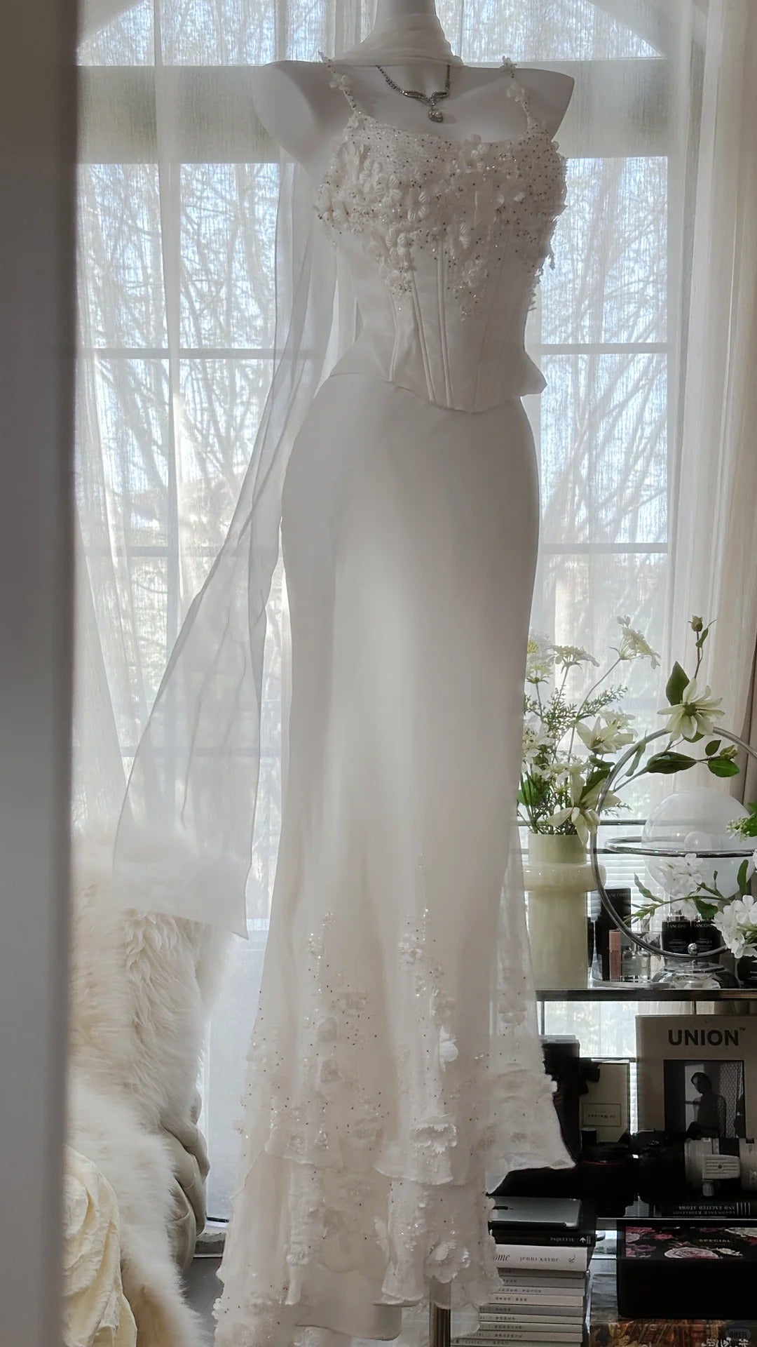 Modest Mermaid Spaghetti Strap White Floral Chiffon Long Evening Night Gown Sleeveless Prom Dresses MP1002