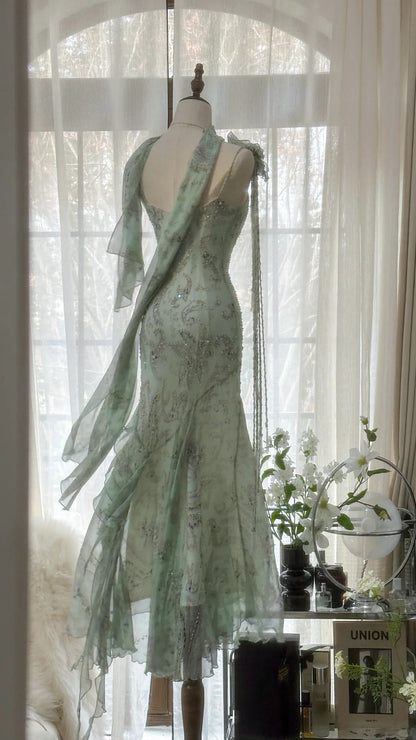 Sparkly Mermaid Spaghetti Strap Mint Green Chiffon With Beading Formal Gown Long Evening Night Prom Dresses MP1034
