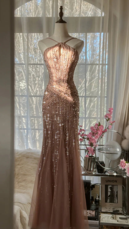 Sparkle Mermaid Halter Tulle Blush Pink With Beaded Formal Gown Long Evening Night Prom Dresses MP1022