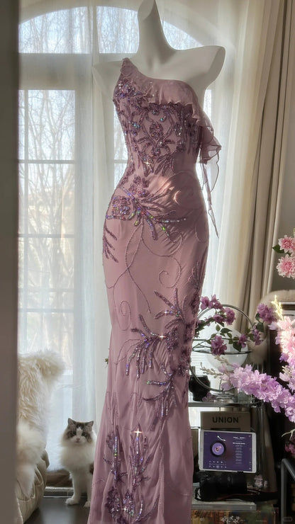 Robe de soirée longue Modest Mermaid à une épaule, cristaux lilas, mousseline, sans manches, pour bal de promo MP1005