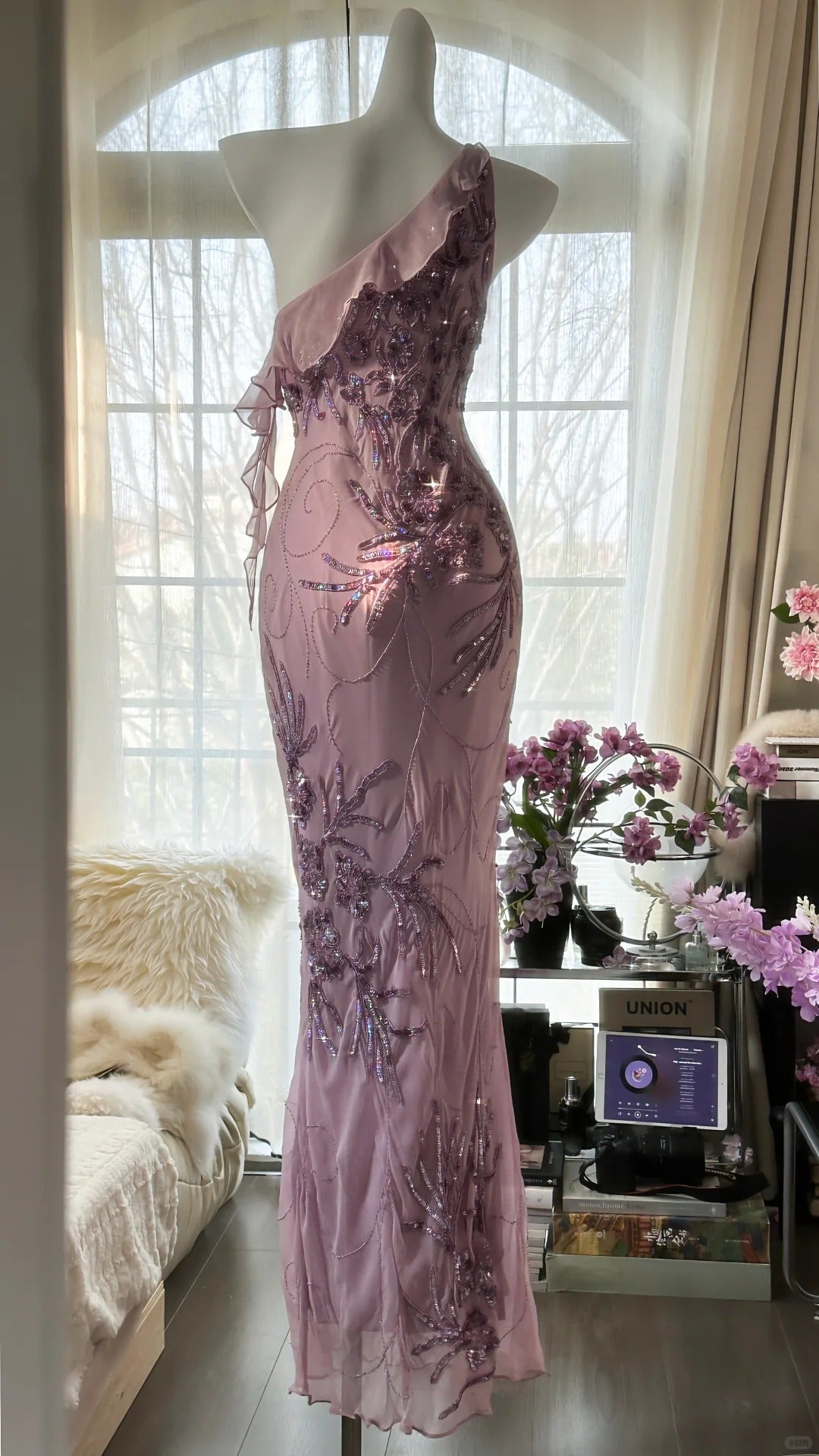 Robe de soirée longue Modest Mermaid à une épaule, cristaux lilas, mousseline, sans manches, pour bal de promo MP1005