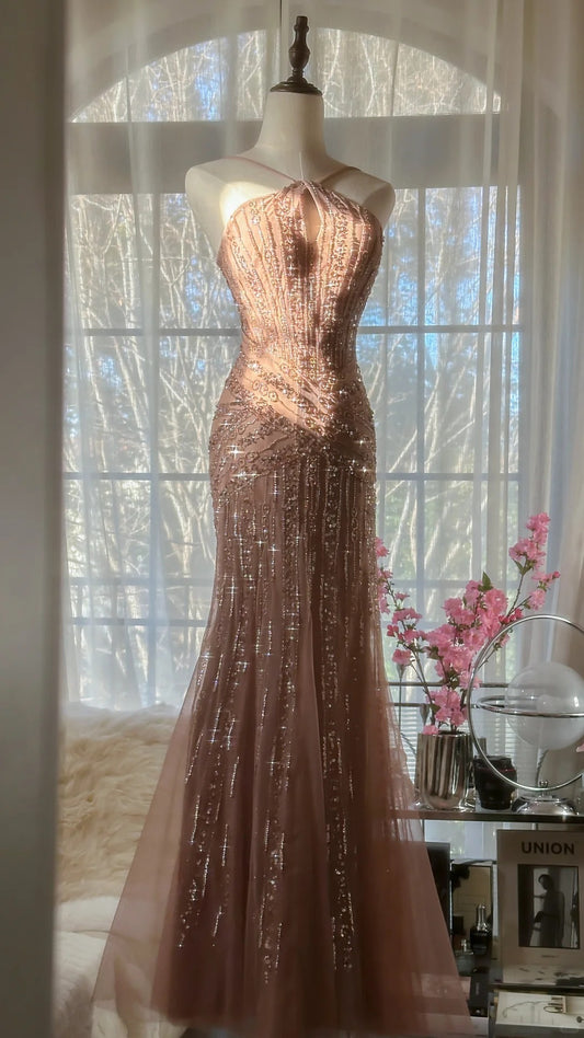 Sparkle Mermaid Halter Tulle Blush Pink With Beaded Formal Gown Long Evening Night Prom Dresses MP1022