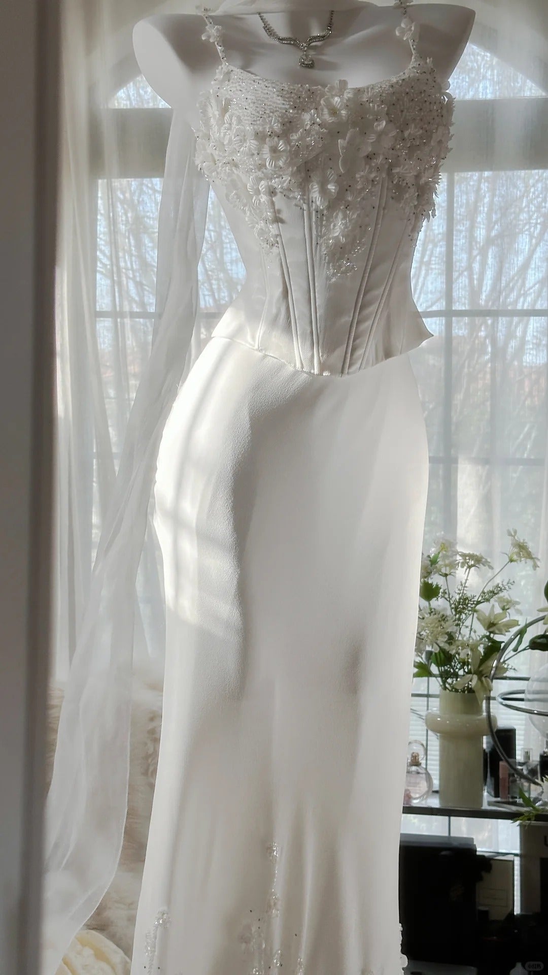 Modest Mermaid Spaghetti Strap White Floral Chiffon Long Evening Night Gown Sleeveless Prom Dresses MP1002