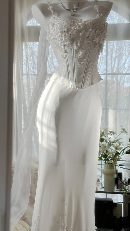 Modest Mermaid Spaghetti Strap White Floral Chiffon Long Evening Night Gown Sleeveless Prom Dresses MP1002
