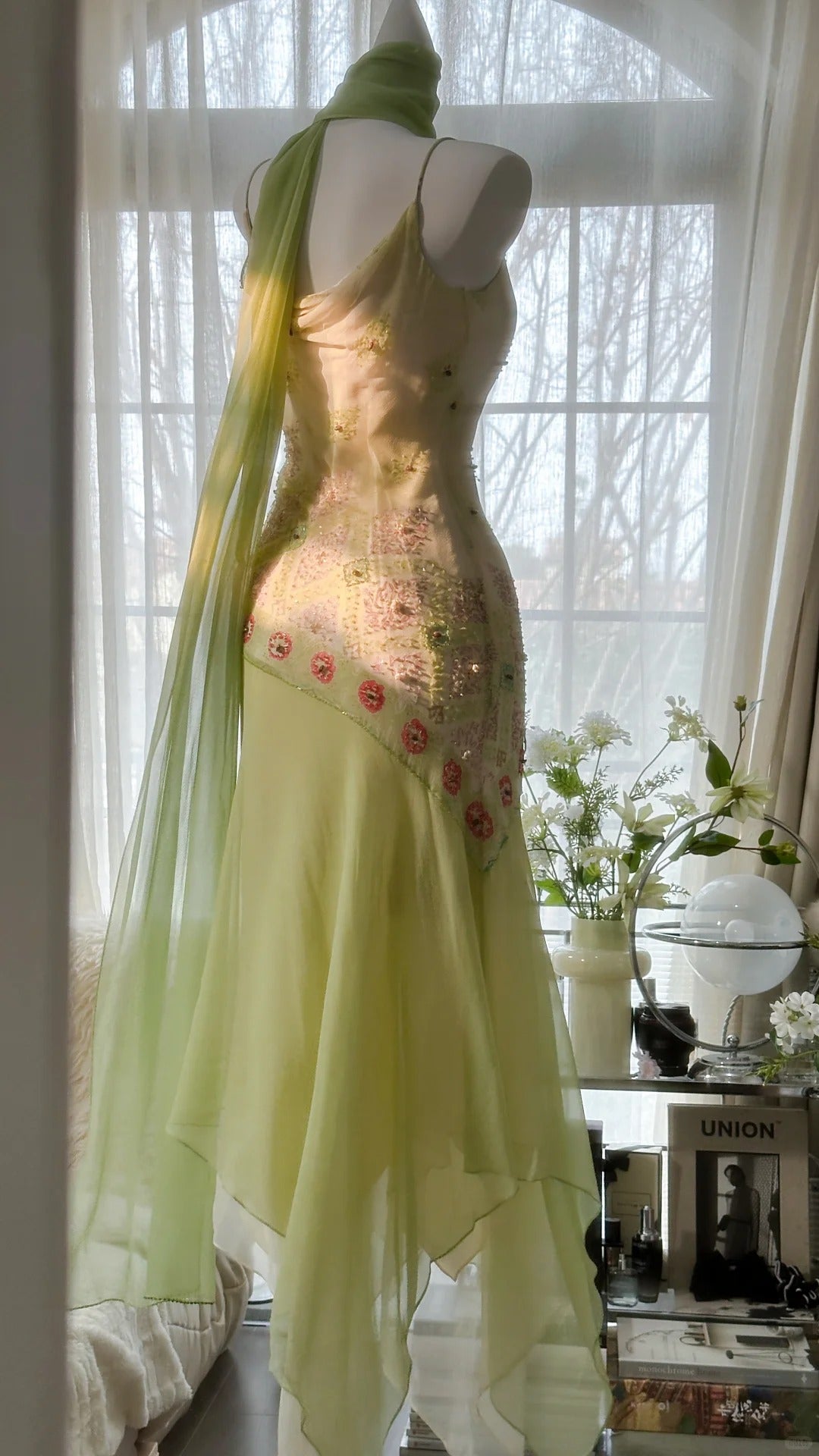 Modest Mermaid Spaghetti Strap Sage Green Chiffon With Beading Formal Gown Tea Length Evening Night Prom Dresses MP1043