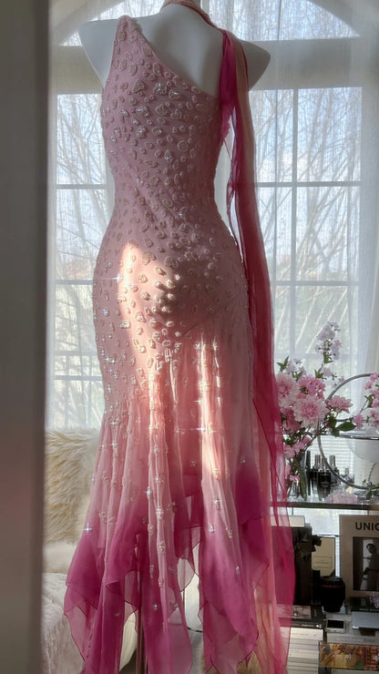 Robe de soirée asymétrique sans manches en mousseline de soie rose à fines bretelles, style sirène féerique, pour bal de promo MP984