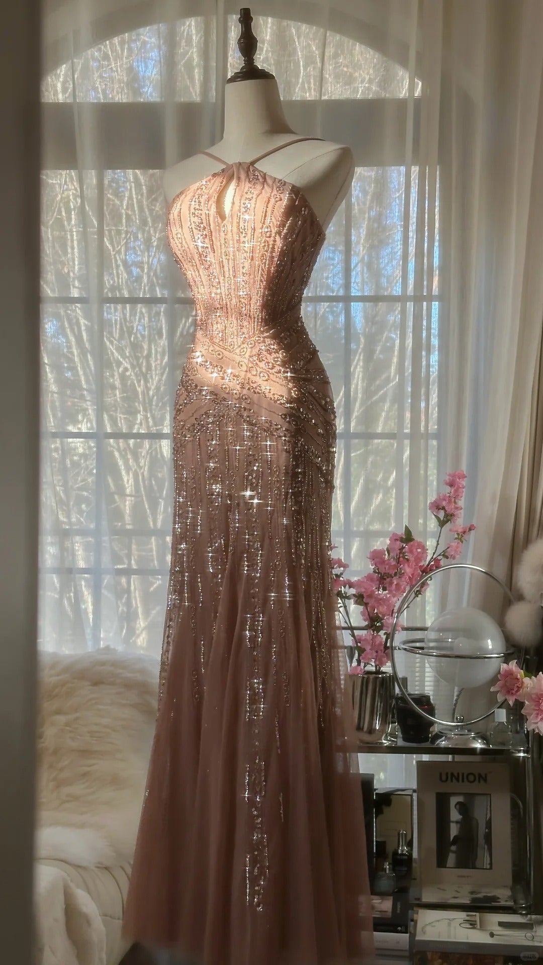 Sparkle Mermaid Halter Tulle Blush Pink With Beaded Formal Gown Long Evening Night Prom Dresses MP1022