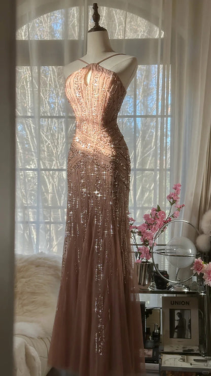 Sparkle Mermaid Halter Tulle Blush Pink With Beaded Formal Gown Long Evening Night Prom Dresses MP1022