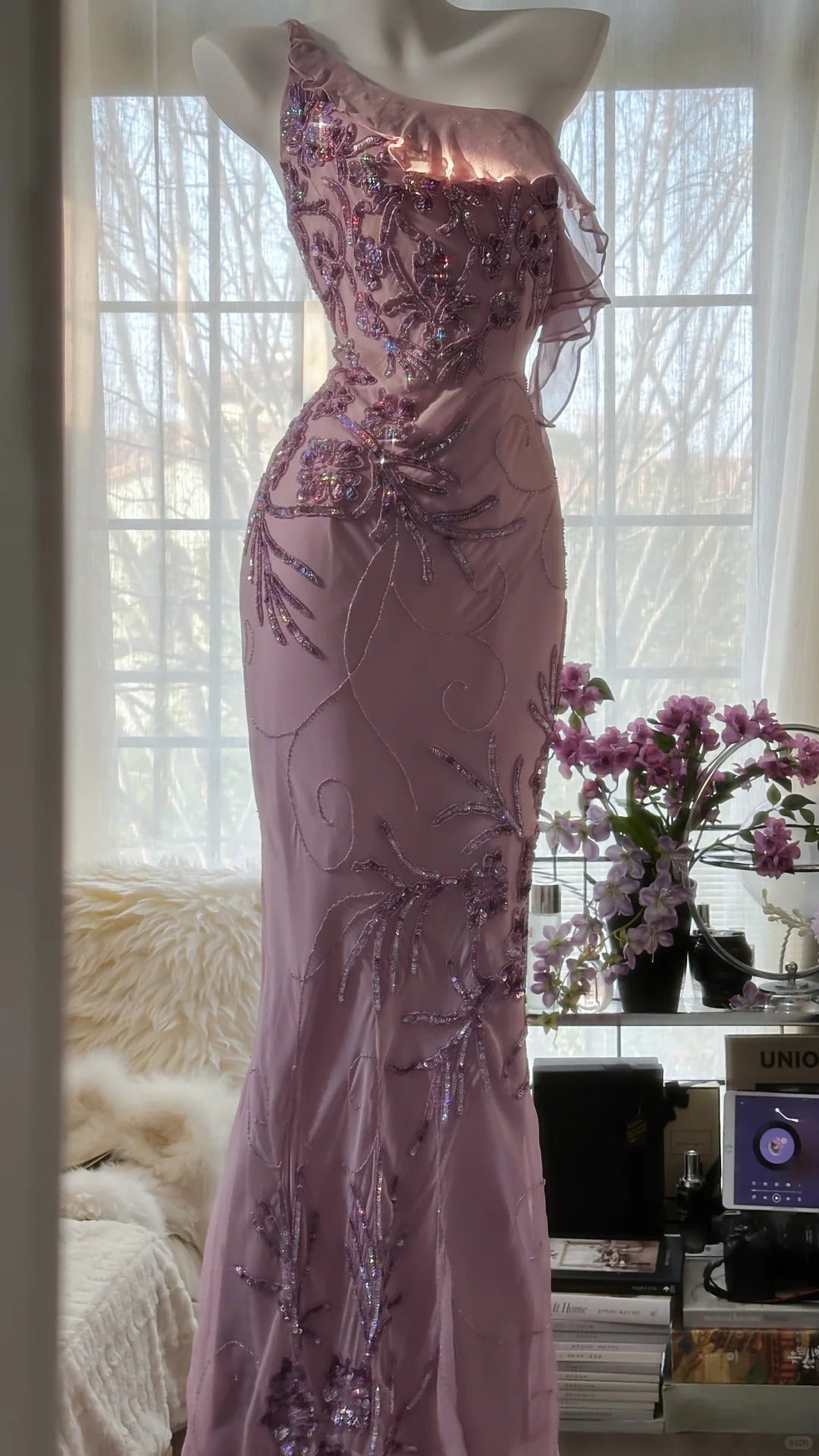 Robe de soirée longue Modest Mermaid à une épaule, cristaux lilas, mousseline, sans manches, pour bal de promo MP1005