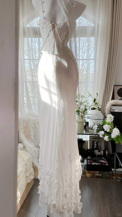 Modest Mermaid Spaghetti Strap White Floral Chiffon Long Evening Night Gown Sleeveless Prom Dresses MP1002