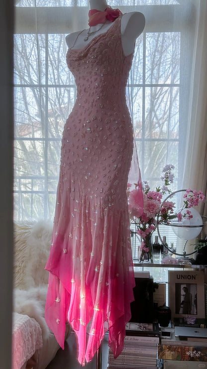Robe de soirée asymétrique sans manches en mousseline de soie rose à fines bretelles, style sirène féerique, pour bal de promo MP984