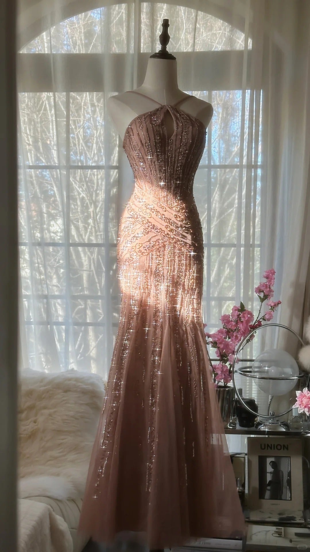 Sparkle Mermaid Halter Tulle Blush Pink With Beaded Formal Gown Long Evening Night Prom Dresses MP1022