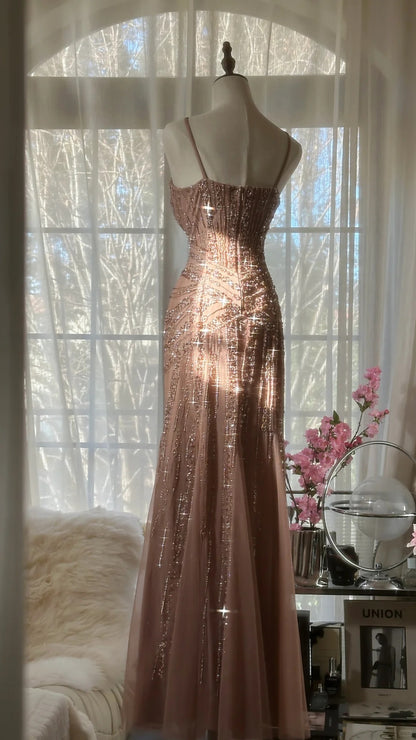 Sparkle Mermaid Halter Tulle Blush Pink With Beaded Formal Gown Long Evening Night Prom Dresses MP1022