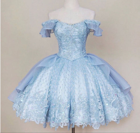 Elegantes Cocktail-Ballkleid schulterfrei, blaue Spitze mit kurzen Ärmeln, formelle Outfits zum 17. Geburtstag, Heimkehrkleider MP688