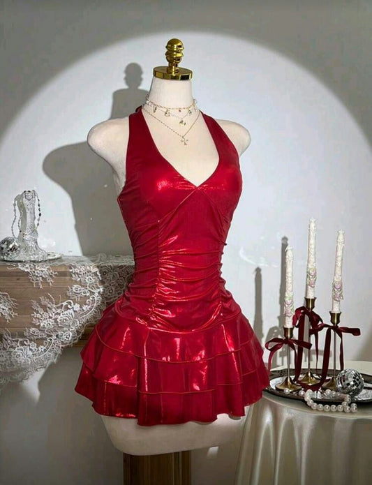 Niedliches, ausgestelltes rotes Mini-Heimkehrkleid mit Neckholder, Hoco-Kleid, Geburtstags-Outfit MP1278