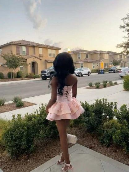 Modern Blush Pink Cocktail Ball Gown Sweetheart Formal Birthday Outfits Lace Homecoming Dresses MP569