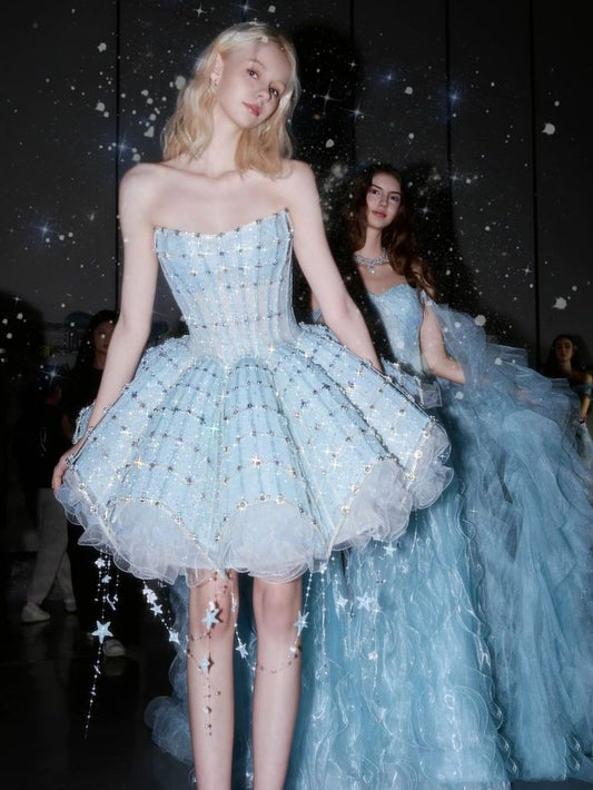 Glitzer Ballkleid Trägerlos Pailletten Blau Kurz Mini 15 16 Geburtstag Heimkehr Kleider MP689