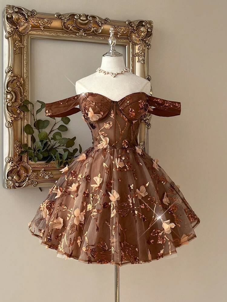 Sexy Ballkleid Off-Shoulder Braun Spitze Kurz Mini 16. Geburtstag Outfits Abschlussballkleider MP937