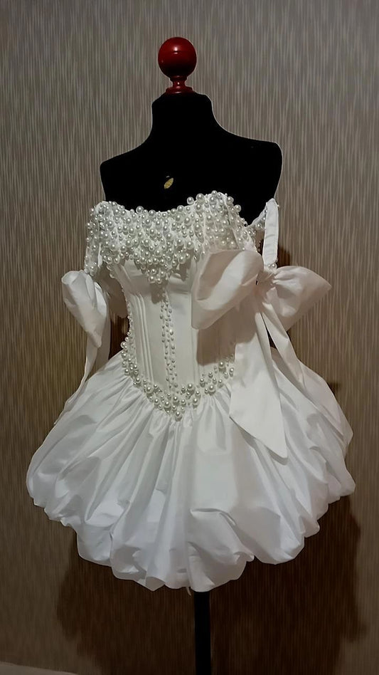 Timeless Ball Gown Off The Shoulder White Satin Short With Pearls Bridal Gowns Wedding Dresses MP1424
