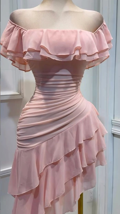 Cute Sheath Off The Shoulder Pink Chiffon Homecoming Dress 18th Birthday Party Outfits MP545