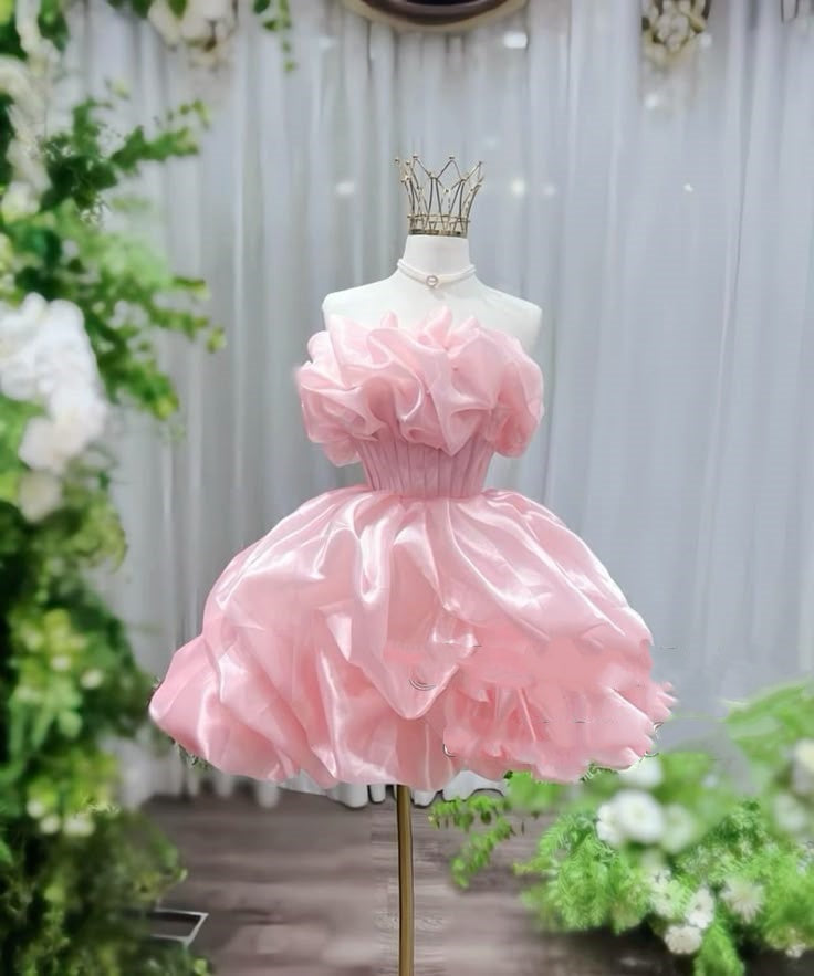 Ballkleid Trägerlos Rosa Mit Rüschen Kurz 16. Geburtstag Outfits Heimkehrkleid MP811