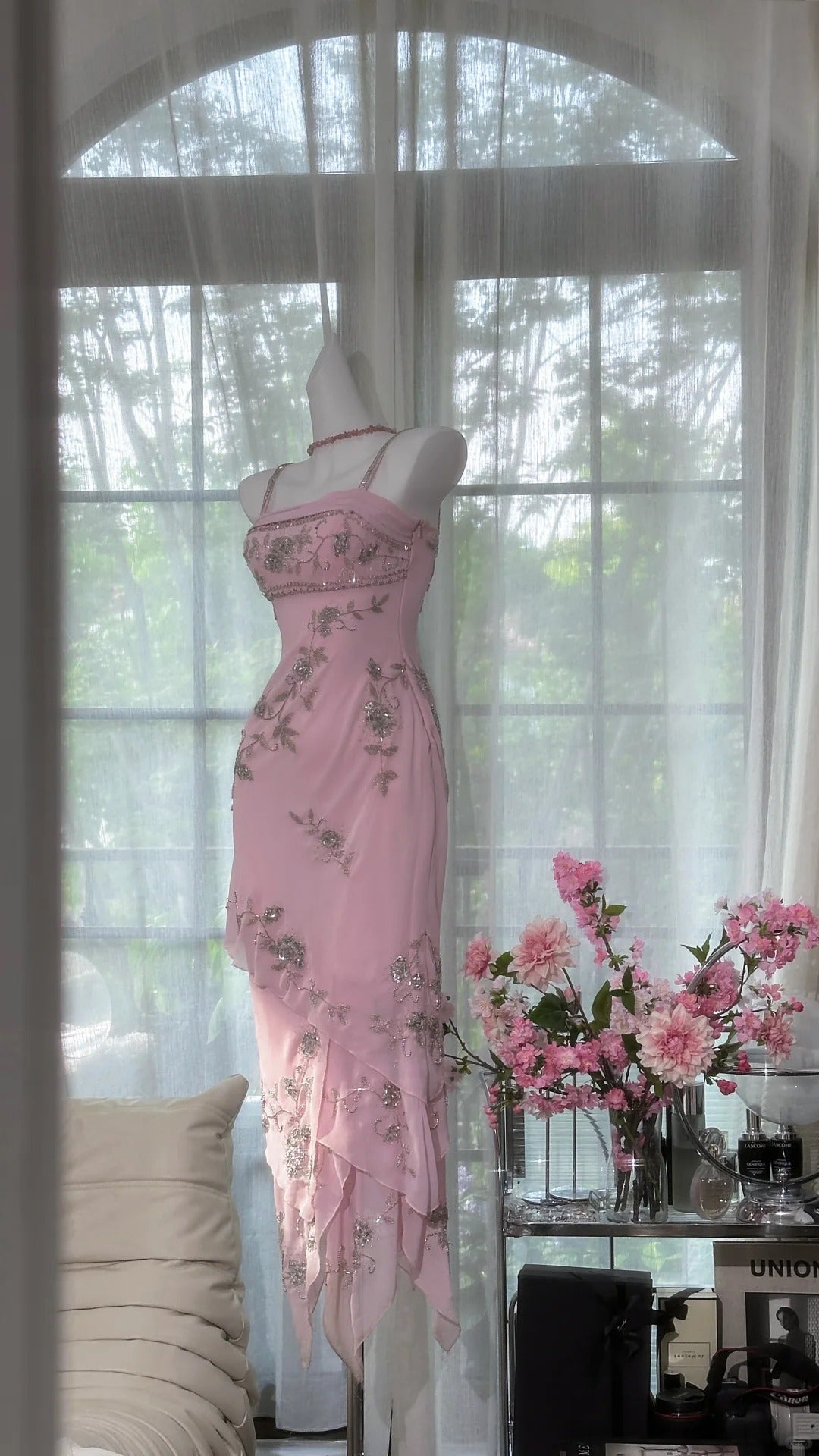 Sparkly Sheath Spaghetti Strap Pink Tea Length Graduation Homecoming 15th Birthday Outfits MP950