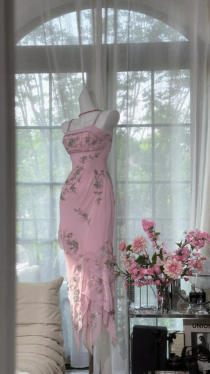 Sparkly Sheath Spaghetti Strap Pink Tea Length Graduation Homecoming 15th Birthday Outfits MP950